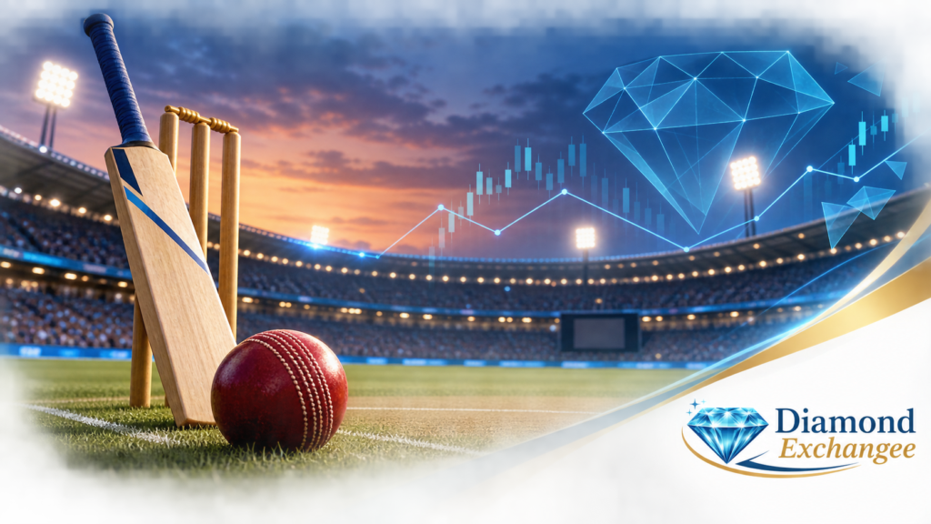 Cricket stadium with bat, ball and market analysis lines for Diamond Exchangee